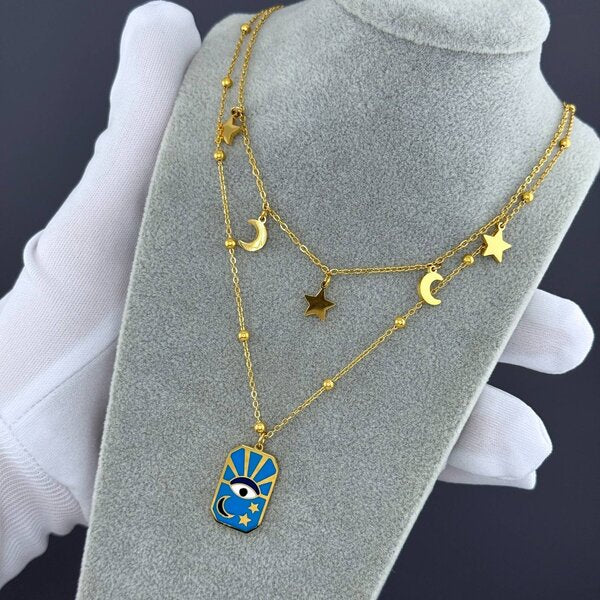 Evil Blue Eye Necklace 18K Gold Plated Steel Tarnish-free