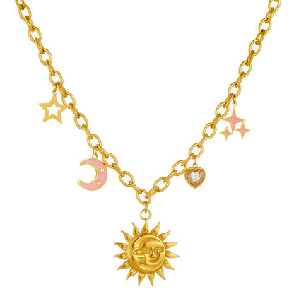 Crescent And Sun Necklace 18K Gold Plated Steel Tarnish-free